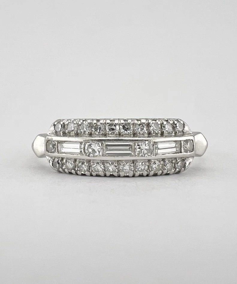 ANTIQUE ART DECO PLATINUM VS .50TCW OLD CUT ROUND & BAGUETTE DIAMOND BAND RING: ANTIQUE ART DECO PLATINUM VS .50TCW OLD CUT ROUND & BAGUETTE DIAMOND BAND RING Antique Art Deco Platinum VS .50tcw Old Cut Round & Baguette Diamond Band RingSize: 11.5 - Can Be Re Sized Weight is 3.9 