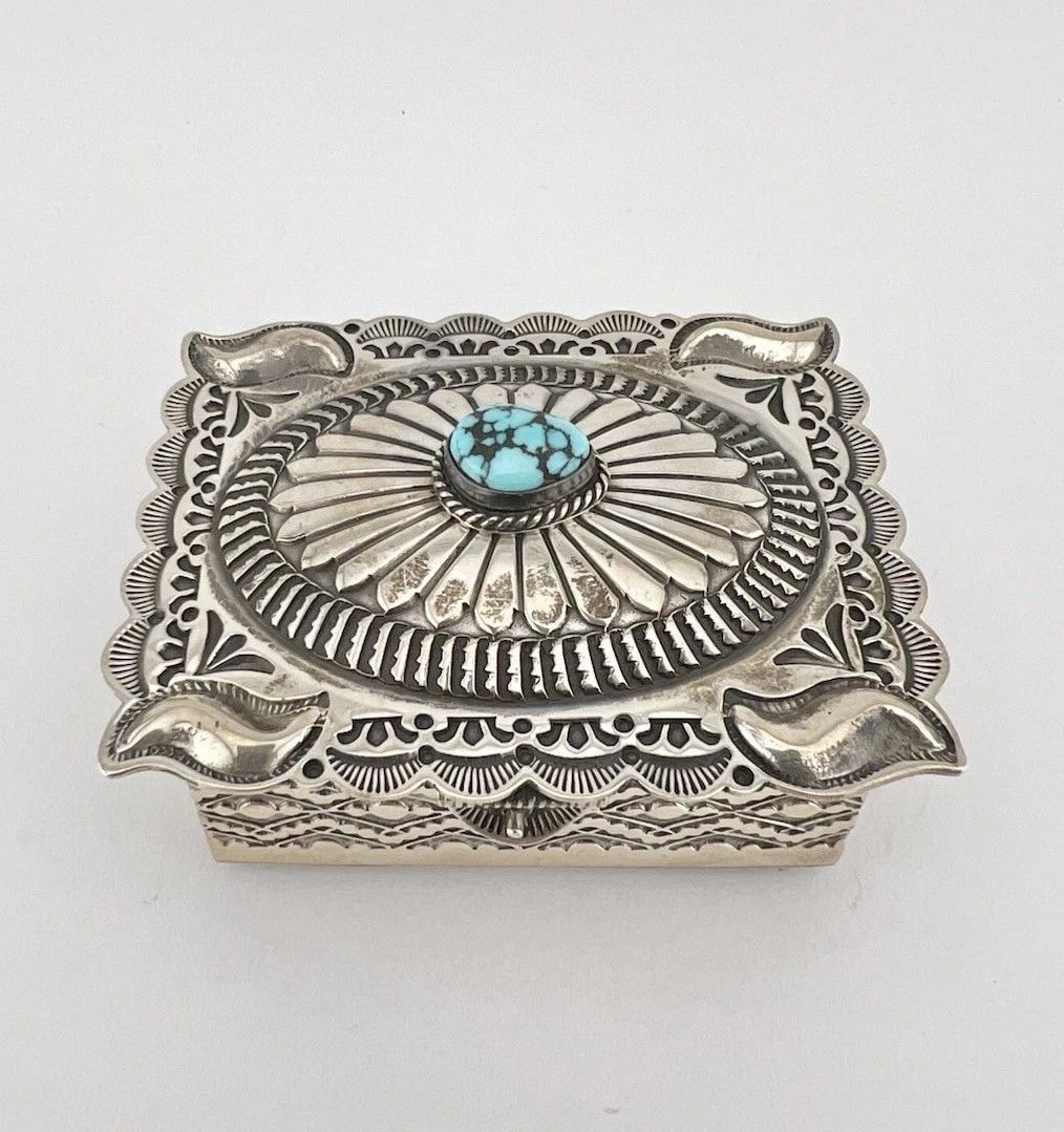 VTG NAVAJO SUNSHINE REEVES STERLING SILVER SPIDERWEB TURQUOISE STAMPED BOX #2 (1 of 2)