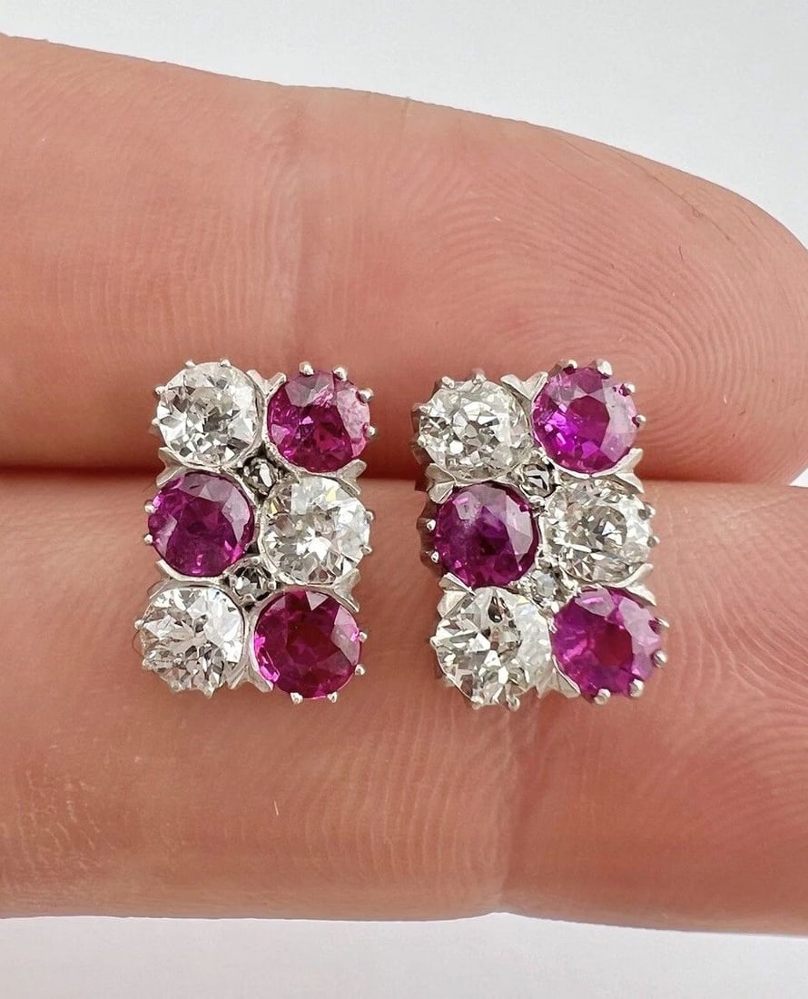 ART DECO PLATINUM GOLD 1.80TCW APRX. OLD EUROPEAN CUT DIAMOND RUBY STUD EARRINGS (1 of 2)