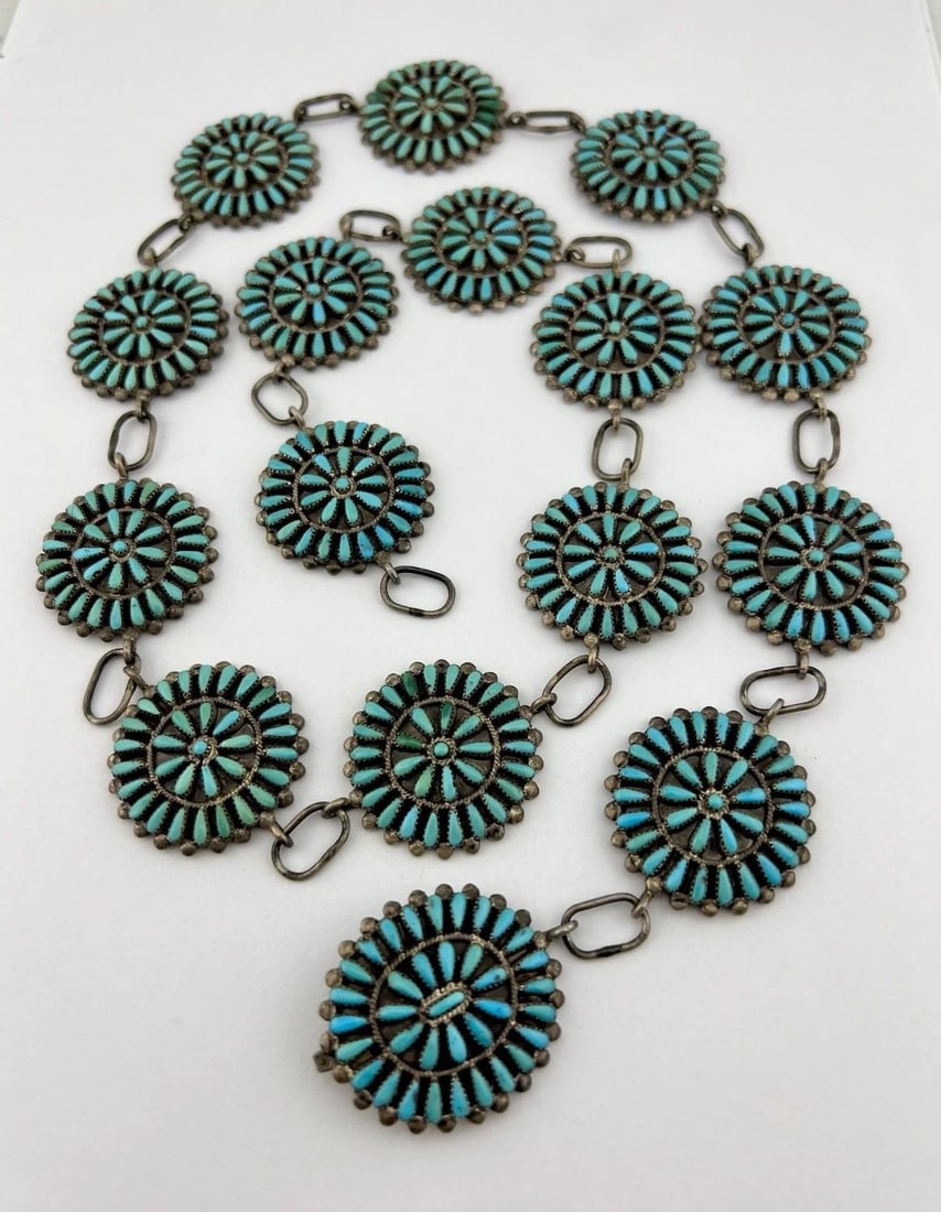 VTG ZUNI STERLING SILVER NATURAL NEEDLEPOINT TURQUOISE CLUSTER CONCHO BELT 33": VTG ZUNI STERLING SILVER NATURAL NEEDLEPOINT TURQUOISE CLUSTER CONCHO BELT 33" Vtg Zuni Sterling Silver Natural Needlepoint Turquoise Cluster Concho Belt 33" Belt Size: 33" - Tip To Tip Buckle Size: O