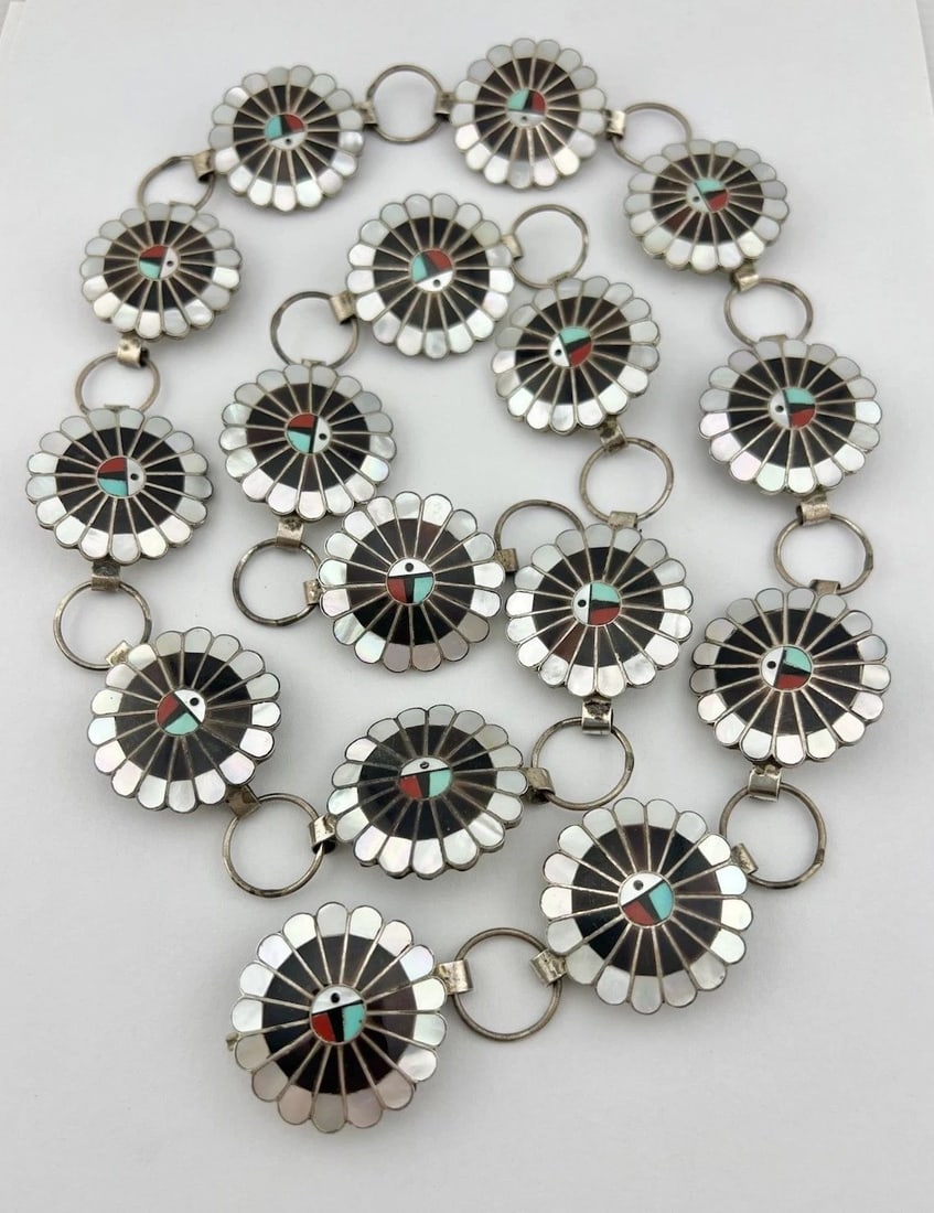 VINTAGE ZUNI STERLING SILVER FLUSH MULTI GEMSTONES SUNFACE CONCHO BELT 35": VINTAGE ZUNI STERLING SILVER FLUSH MULTI GEMSTONES SUNFACE CONCHO BELT 35" Vintage Zuni Sterling Silver Flush Multi Gemstones Sunface Concho Belt 35" Belt Size: 35" - Tip To Tip Buckle & Concho Size: 