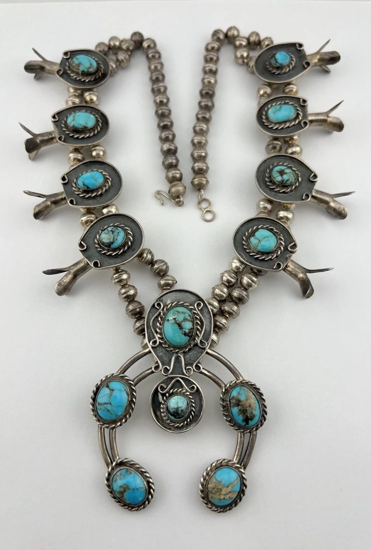 VTG NAVAJO STERLING SILVER WEB KINGMAN TURQUOISE SQUASH BLOSSOM NECKLACE 184.6G (1 of 2)