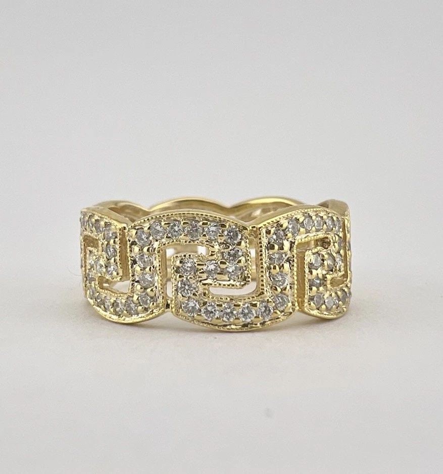 DESIGNER 18K YELLOW GOLD PAVE SET DIAMOND GREEK KEY HALF BAND RING: DESIGNER 18K YELLOW GOLD PAVE SET DIAMOND GREEK KEY HALF BAND RING Designer 18k Yellow Gold Pave Set Diamond Greek Key Half Band Ring Ring Size: 6.25 - Can Be Resized Metal: 18k Yellow Gold - Hallmark
