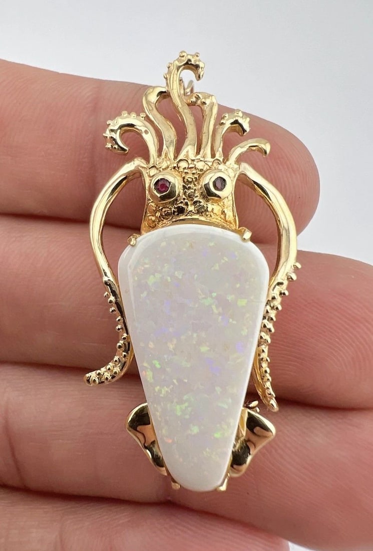DESIGNER 14K YELLOW GOLD AUSTRALIAN FIRE OPAL OCTOPUS SQUID ENHANCER PIN PENDANT (1 of 2)