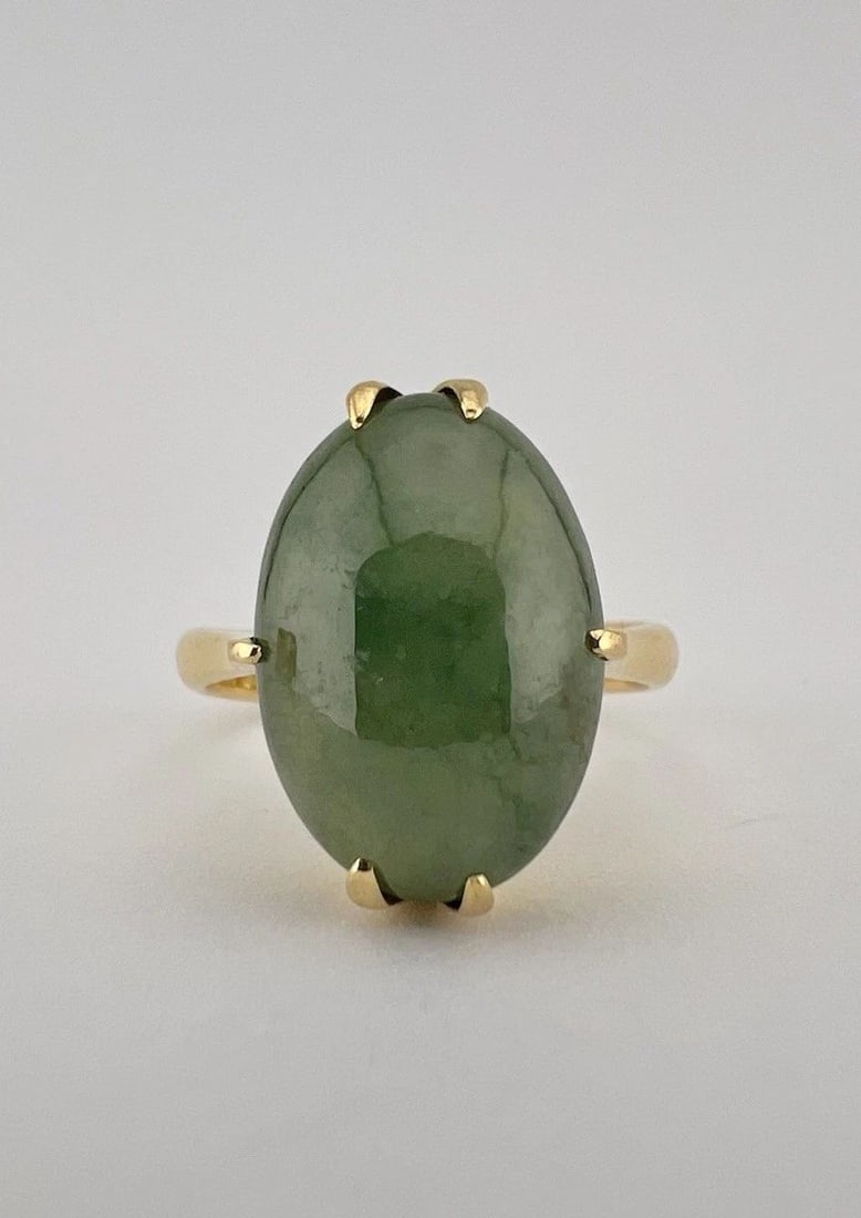 ANTIQUE OLD CHINESE 22K YELLOW GOLD CABOCHON GREEN JADE RING - SIGNED (1 of 2)
