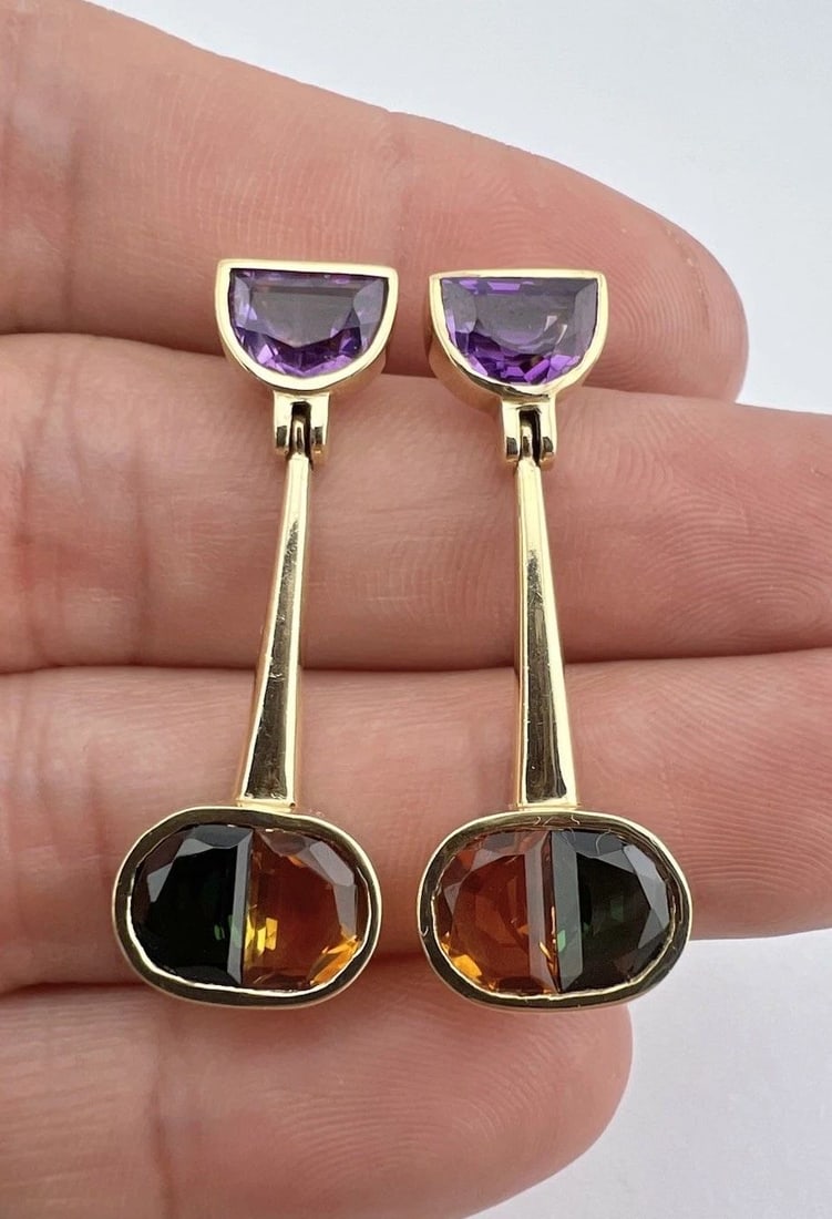 DESIGNER MODERNIST 14K YELLOW GOLD MULTI GEMSTONE DANGLE POST STUD EARRINGS 7.2G: DESIGNER MODERNIST 14K YELLOW GOLD MULTI GEMSTONE DANGLE POST STUD EARRINGS 7.2G Designer Modernist 14k Yellow Gold Multi Gemstone Dangle Post Stud Earrings 7.2g Size: 1 1/2" Tall by 1/2" Wide at The 