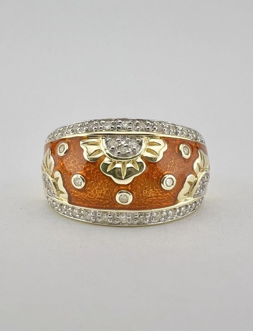 DESIGNER 14K YELLOW GOLD NATURAL DIAMOND & ORANGE ENAMEL FLOWER DOME RING (1 of 2)