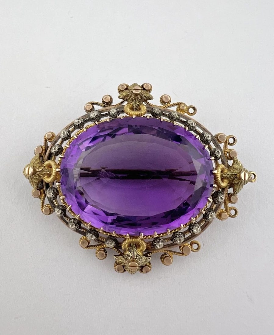 ANTIQUE VICTORIAN ETRUSCAN 14K GOLD OLD OVAL CUT AMETHYST FILIGREE PIN BROOCH (1 of 2)