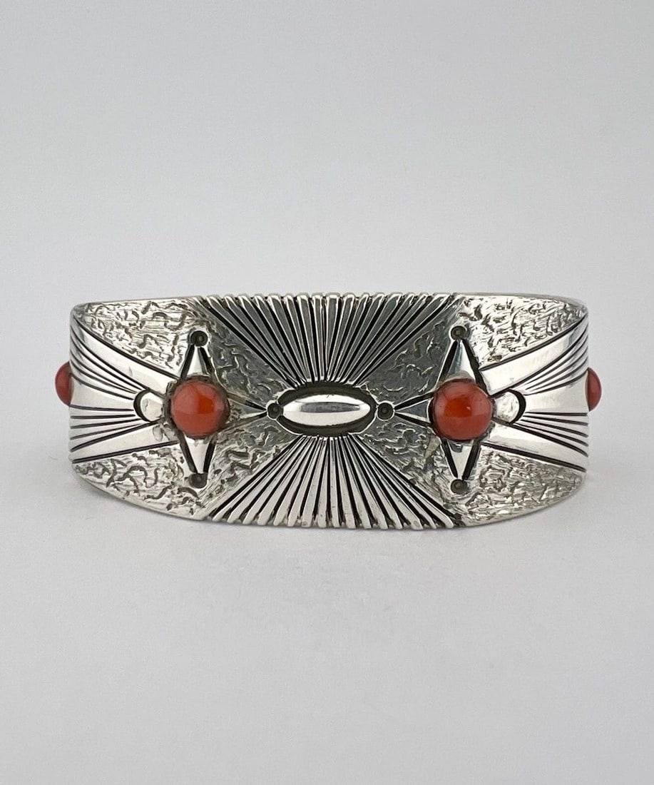 RARE JAKE LIVINGSTON ZUNI STERLING SILVER MEDITERRANEAN RED CORAL CUFF BRACELET (1 of 2)