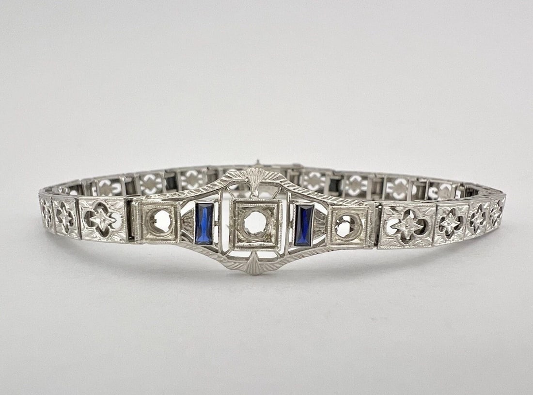 ART DECO 14K WHITE GOLD LAB SAPPHIRE FILIGREE PANEL BRACELET 9G -SETTING -REPAIR (1 of 2)