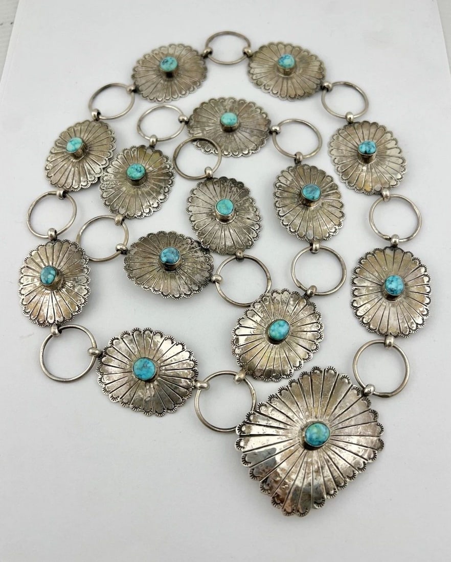 VTG GOMEZ NAVAJO STERLING SILVER BIRDSEYE KINGMAN TURQUOISE STAMPED CONCHO BELT (1 of 2)