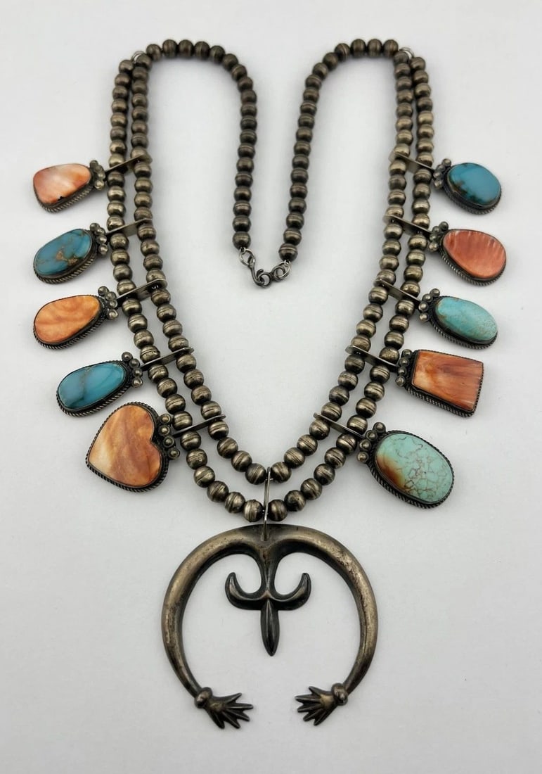 BOBBY JOHNSON NAVAJO STERLING TURQUOISE SPINY OYSTER SQUASH BLOSSOM NECKLACE (1 of 2)