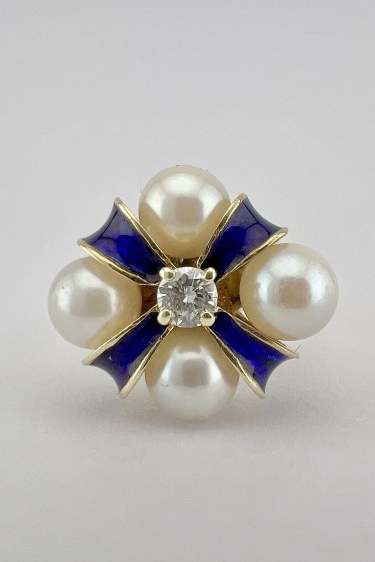 VINTAGE 14K YELLOW GOLD DIAMOND & WHITE AKOYA PEARL & BLUE ENAMEL BOW RING: VINTAGE 14K YELLOW GOLD DIAMOND & WHITE AKOYA PEARL & BLUE ENAMEL BOW RING Vintage 14K Yellow Gold Diamond & White Akoya Pearl & Blue Enamel Bow Ring Ring Size: 5 - Can Be Resized Total Weight is 5.5 