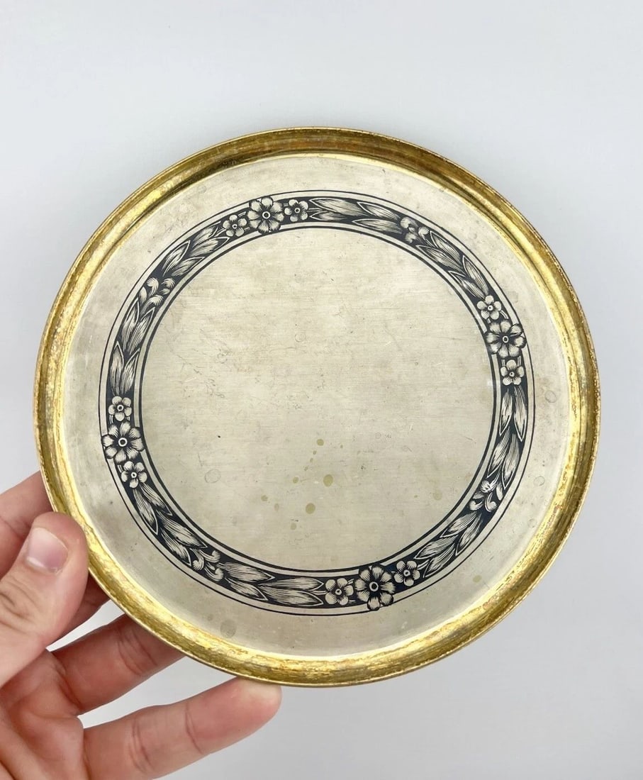 VINTAGE RUSSIAN NIELLO GILT SILVER 875 FLORAL SERVING PLATE 6.5" - 206.8G (1 of 2)