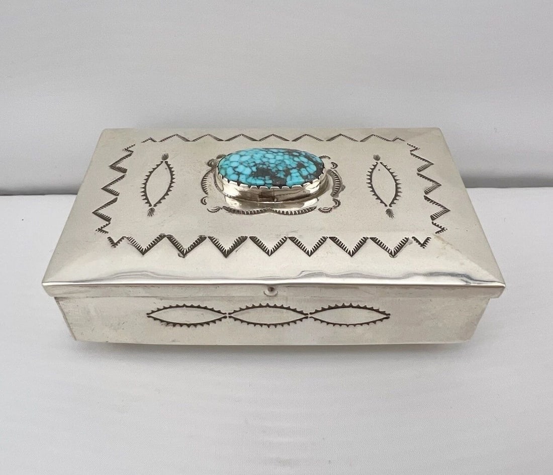 FRED HARVEY NAVAJO SPIDERWEB TURQUOISE STERLING SILVER STAMPED BOX 3 5/8"-112.9G (1 of 2)