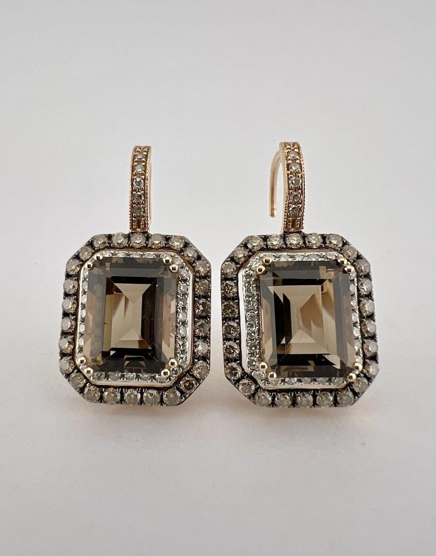 DESIGNER 14K ROSE GOLD SMOKEY QUARTZ & COGNAC CHAMPAGNE DIAMOND HALO EARRINGS (1 of 2)