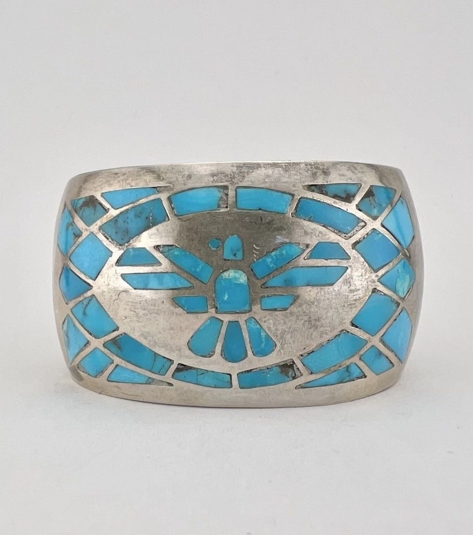WAYNE SILVERS NAVAJO STERLING SILVER FLUSH TURQUOISE THUNDERBIRD CUFF BRACELET (1 of 2)