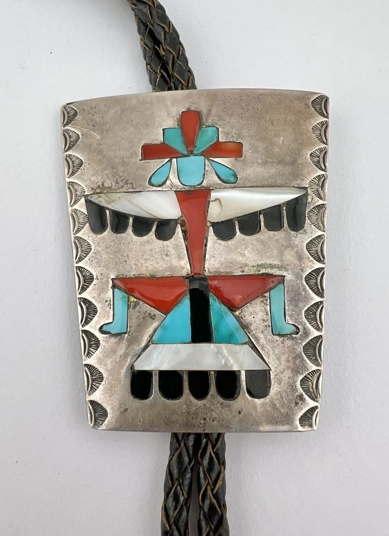 EARLY FRANK VACIT ATTRIBUTED ZUNI STERLING SILVER FLUSH KNIFEWING BOLO TIE: EARLY FRANK VACIT ATTRIBUTED ZUNI STERLING SILVER FLUSH KNIFEWING BOLO TIE Early Frank Vacit Attributed Zuni Sterling Silver Flush Knifewing Bolo Tie Size: Over 2 1/2" Tall by 2 1/4" Wide At The Top W