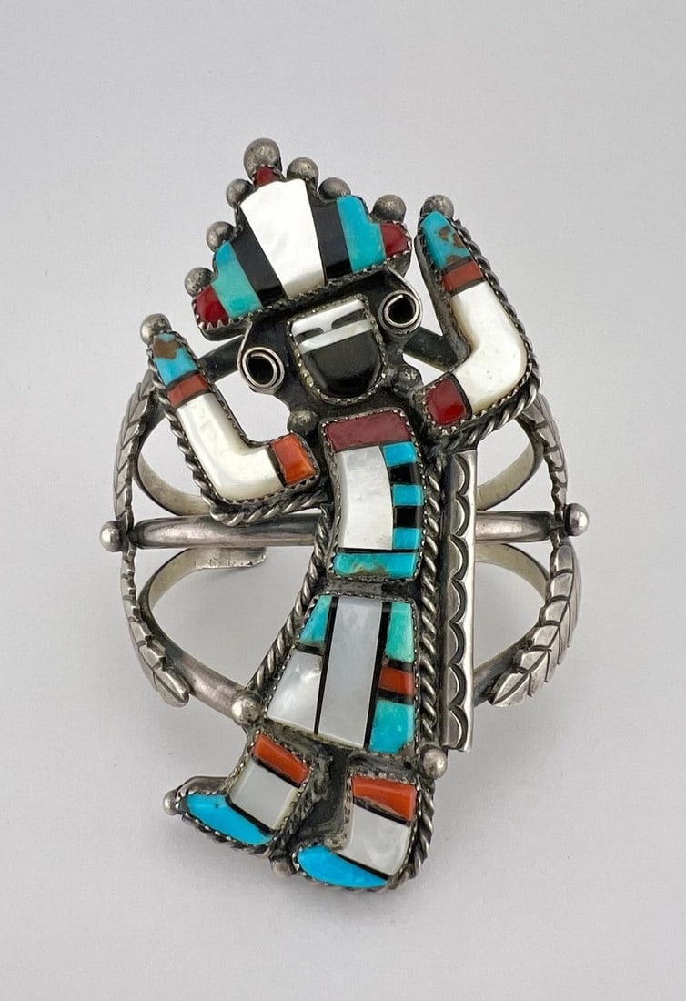 3.75" VTG ZUNI STERLING SILVER MULTI GEM RAINBOW MAN KACHINA CUFF BRACELET 79G (1 of 2)