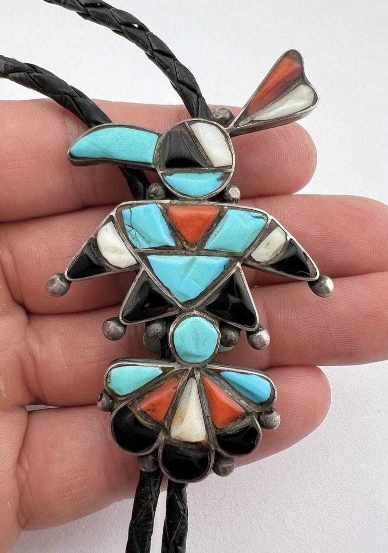 1940S FRANK VACIT ZUNI STERLING SILVER MULTI GEMSTONE THUNDERBIRD BOLO TIE 2.75": 1940S FRANK VACIT ZUNI STERLING SILVER MULTI GEMSTONE THUNDERBIRD BOLO TIE 2.75" Early Old Pawn 1940's Zuni Sterling Silver Multi Gemstone Thunderbird Bolo Tie 2.75" Size: 2 3/4" Tall by 1 7/8" Wide W