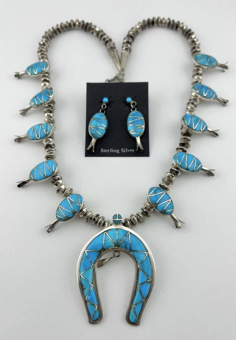 VTG NAVAJO STERLING SILVER FLUSH TURQUOISE SQUASH BLOSSOM NECKLACE EARRINGS SET (1 of 2)