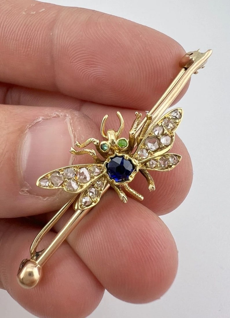 VICTORIAN 14K-18K YELLOW GOLD ROSE CUT DIAMOND SAPPHIRE EMERALD INSECT BROOCH (1 of 2)