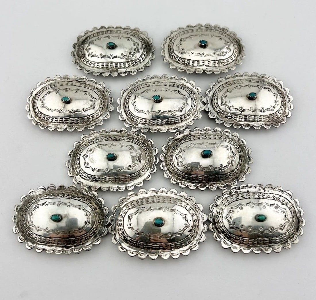 EARLY OLD NAVAJO STERLING SILVER TURQUOISE STAMPED 10 OVAL CONCHO BELT: EARLY OLD NAVAJO STERLING SILVER TURQUOISE STAMPED 10 OVAL CONCHO BELT Early Old Navajo Sterling Silver Turquoise Stamped 10 Oval Concho Belt Buckle Size: 2 1/8" Wide by 1 1/2" Tall Concho Size: 2 1/8