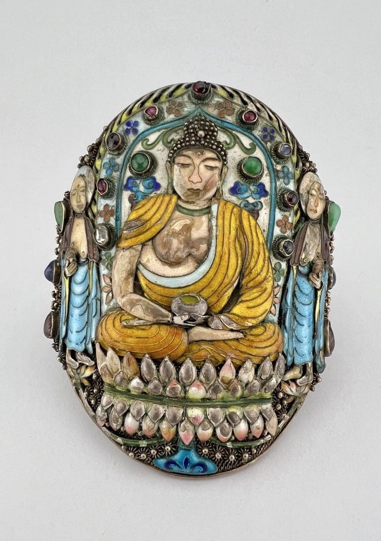 OLD CHINESE EXPORT SILVER FLORAL ENAMEL GEMSTONE BUDHA GOD CUFF BRACELET 93.3G (1 of 2)