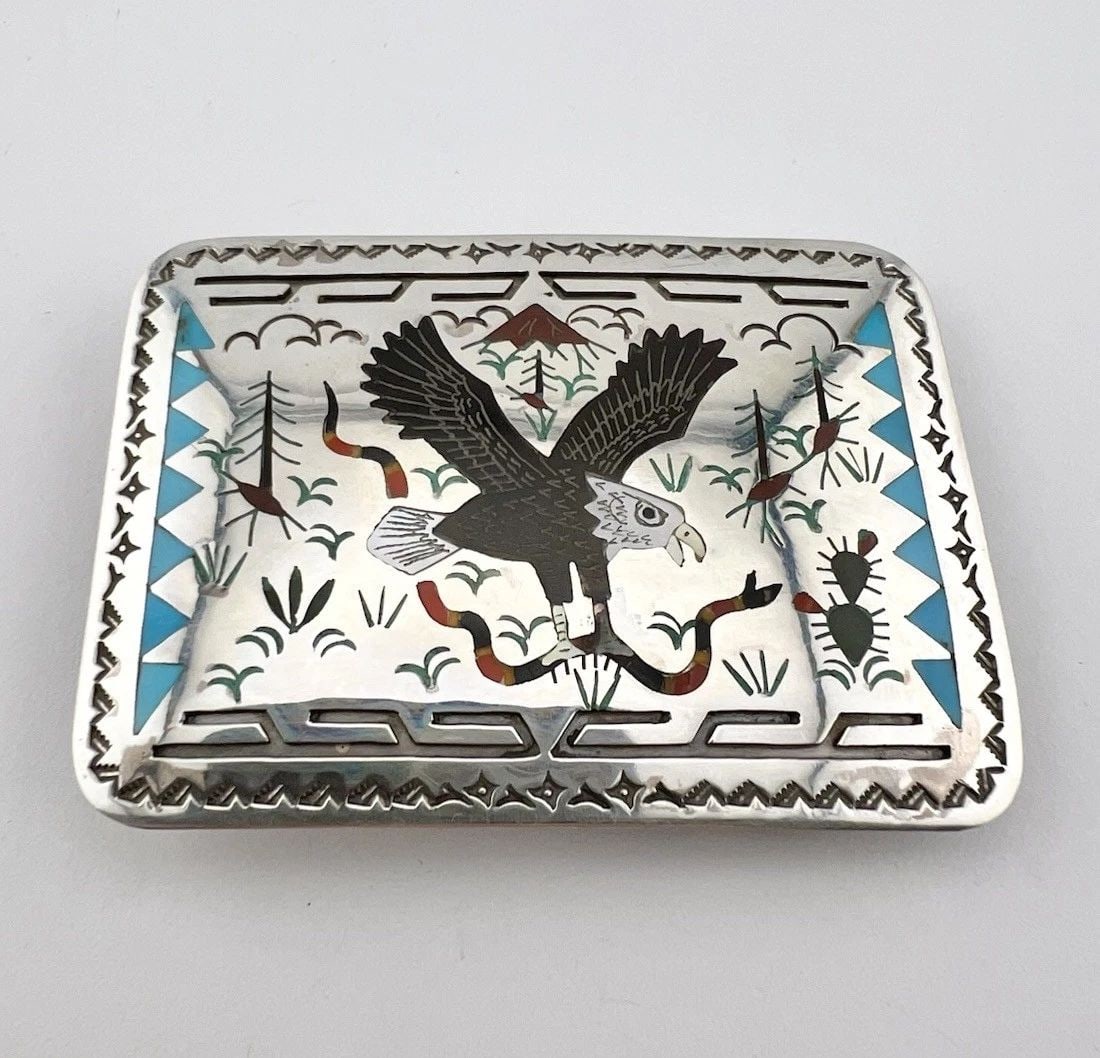 SAMMY & ESTHER GUARDIAN ZUNI FLUSH STONE INLAY SNAKE & EAGLE BELT BUCKLE 2.75" (1 of 2)