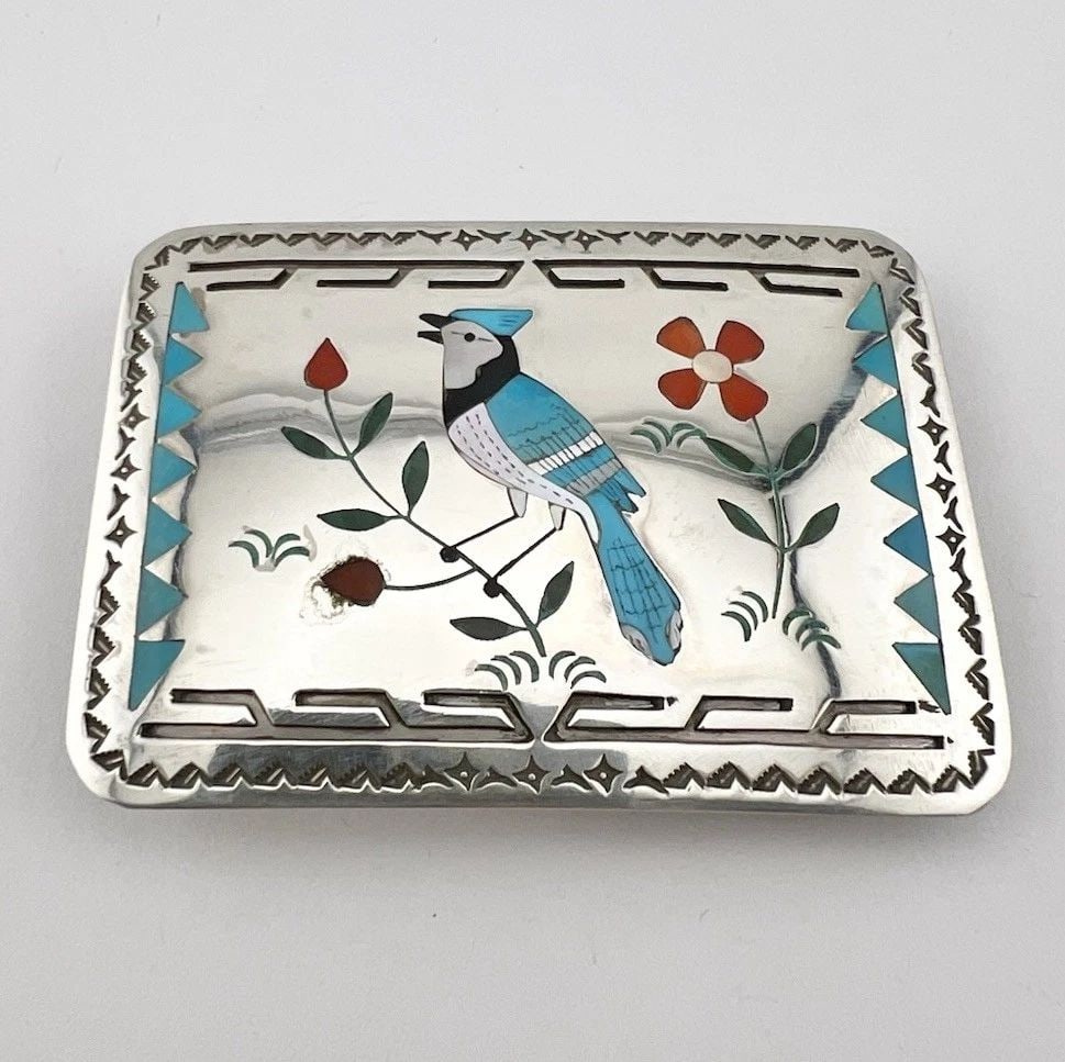 SAMMY & ESTHER GUARDIAN ZUNI FLUSH STONE INLAY BLUE JAY BIRD BELT BUCKLE 2.75": SAMMY & ESTHER GUARDIAN ZUNI FLUSH STONE INLAY BLUE JAY BIRD BELT BUCKLE 2.75" VTG SAMMY & ESTHER GUARDIAN ZUNI FLUSH STONE INLAY BLUE JAY BIRD BELT BUCKLE 2.75" Size: 2 3/4" Wide By Slightly Over 2" 