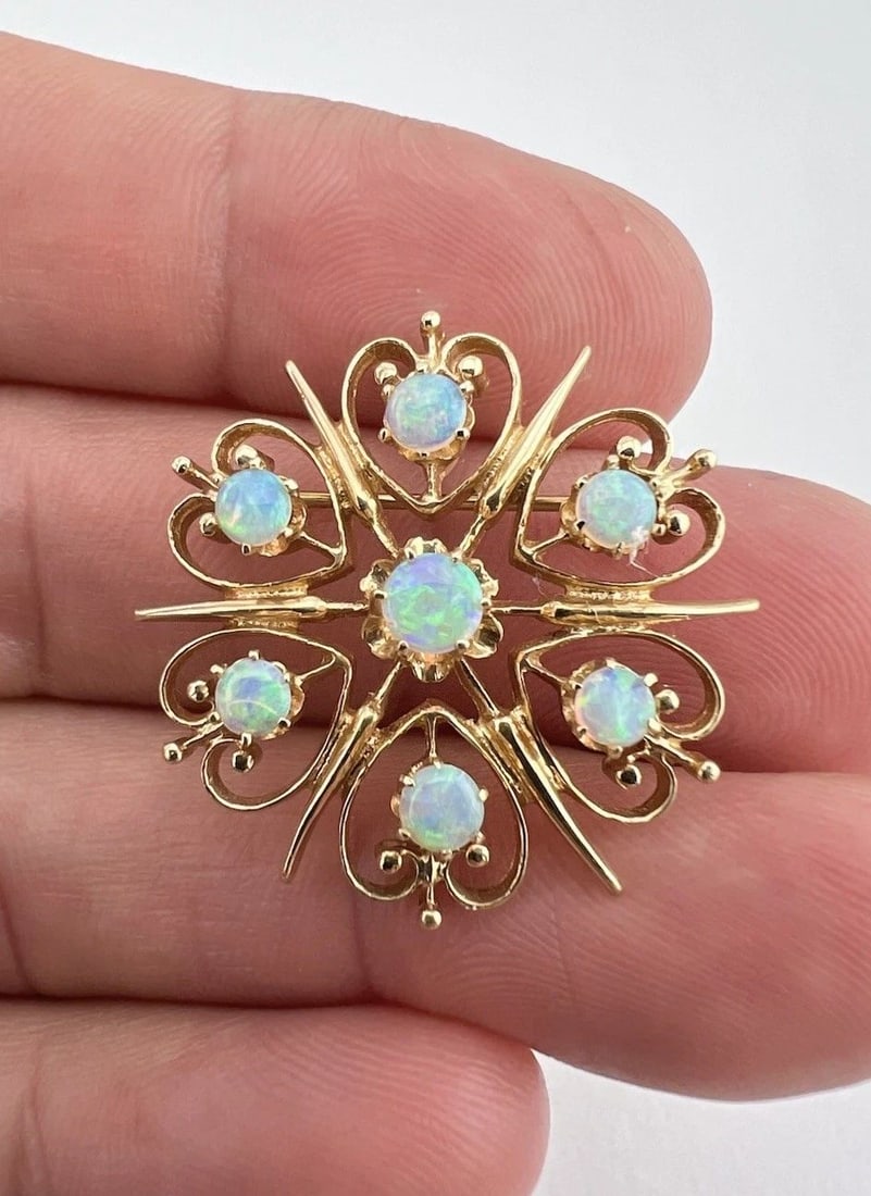 VINTAGE ETRUSCAN 14K YELLOW GOLD AUSTRALIAN FIRE OPAL STARBURST BROOCH PENDANT (1 of 2)
