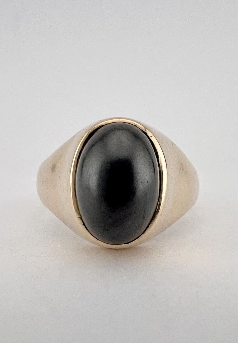 ANTIQUE 10K YELLOW CABOCHON BLACK ONYX OVAL GYPSY SIGNET MEN'S RING -9.5G (1 of 2)