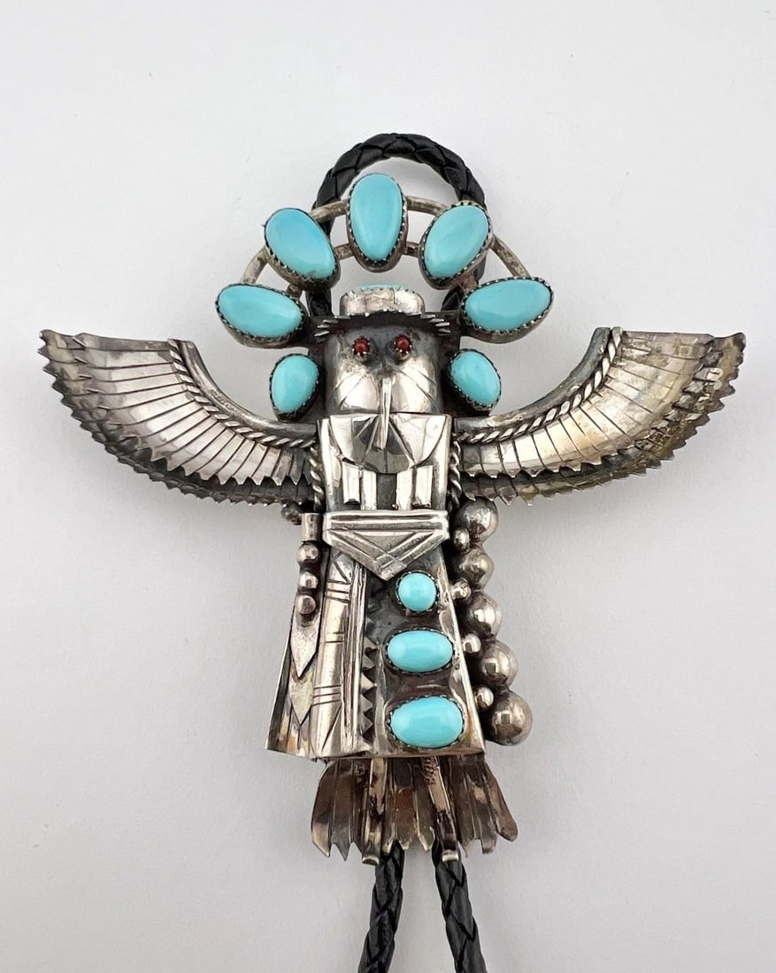 NAVAJO STERLING SILVER TURQUOISE & CORAL WINGED EAGLE KACHINA BOLO TIE 4" -72.3G: NAVAJO STERLING SILVER TURQUOISE & CORAL WINGED EAGLE KACHINA BOLO TIE 4" -72.3G Vtg Navajo Sterling Silver Turquoise & Coral Winged Eagle Kachina Bolo Tie 4" - 72.3g Size: Around 3 3/4" Tall By 4" Wi