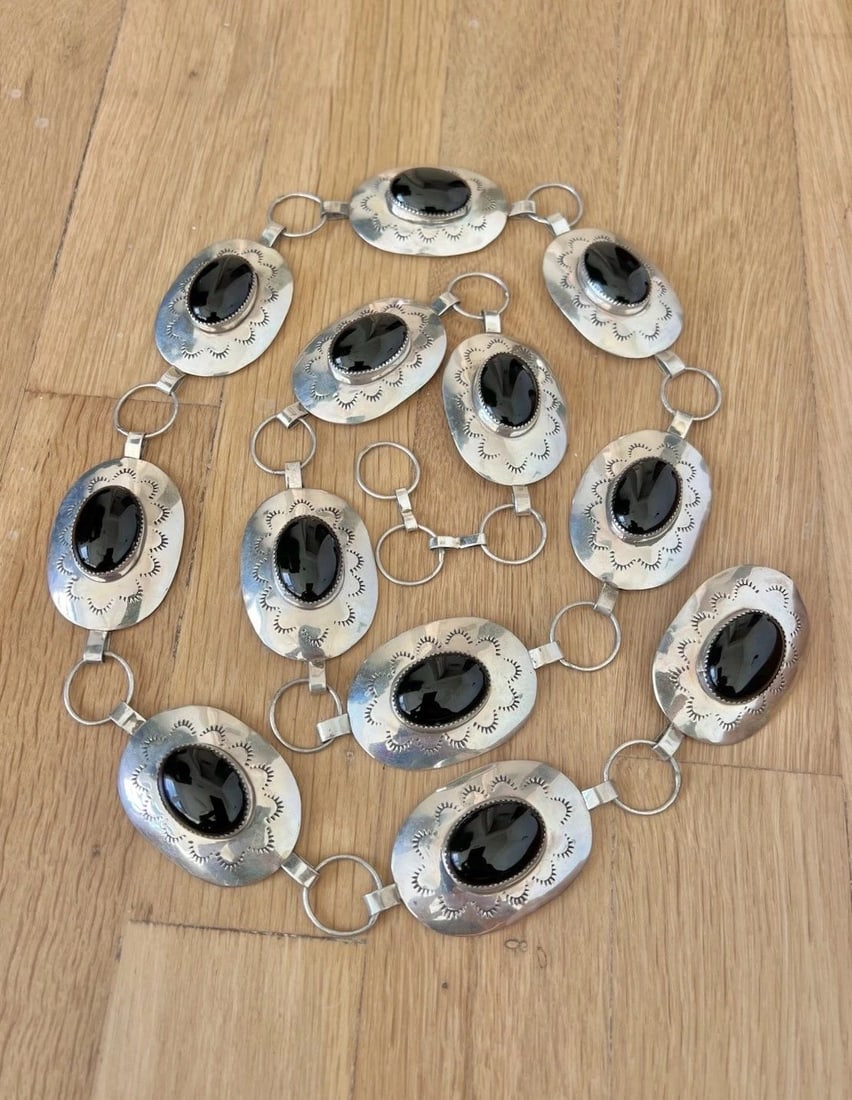 VINTAGE NAVAJO STERLING SILVER BLACK ONYX STAMPED CONCHO BELT 41" -166G (1 of 2)