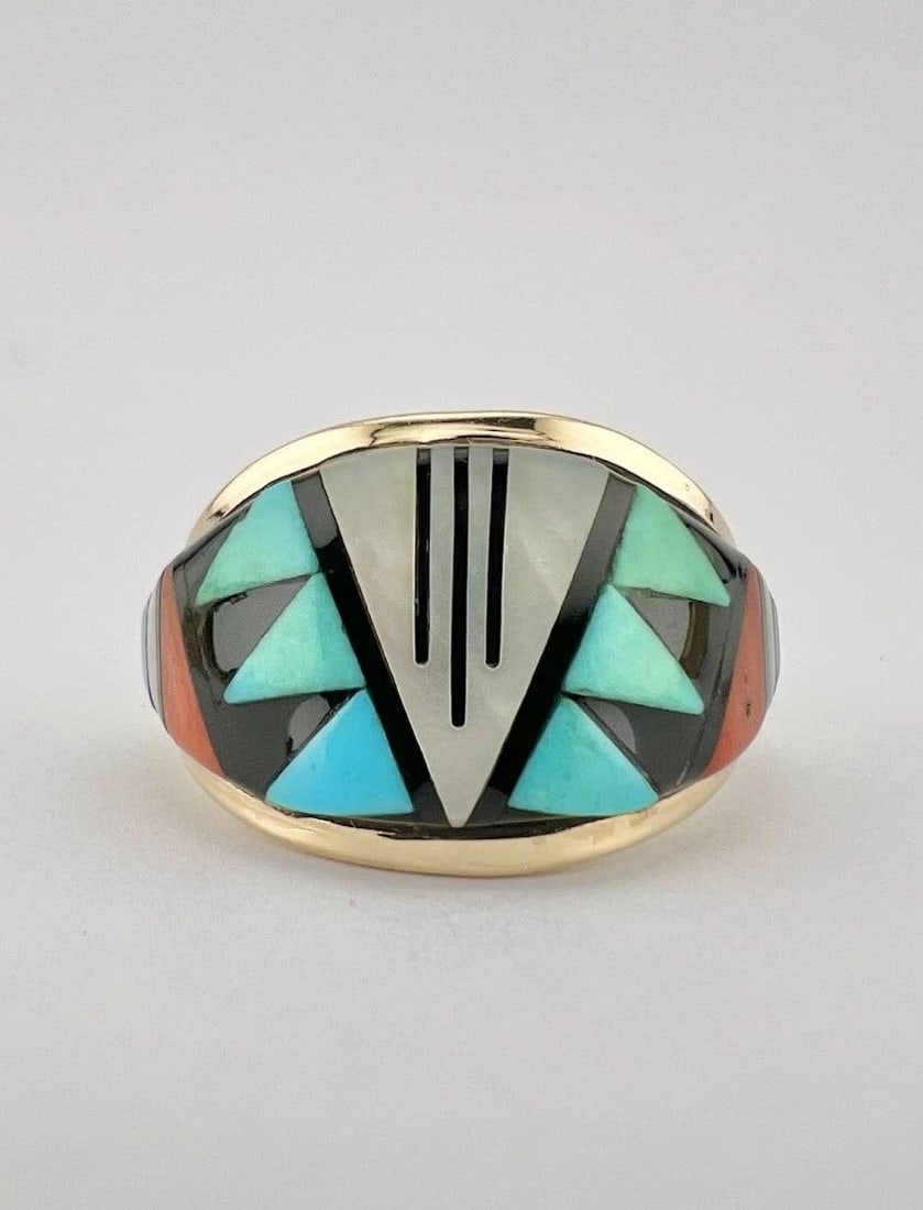 VTG DON & VIOLA ERIACHO ZUNI 14K YELLOW GOLD MULTI GEMSTONE FLUSH WOMEN'S RING: VTG DON & VIOLA ERIACHO ZUNI 14K YELLOW GOLD MULTI GEMSTONE FLUSH WOMEN'S RING Vtg Don & Viola Eriacho Zuni 14k Yellow Gold Multi Gemstone Flush Women's Ring Ring Size: 9 - Can be Resized Weight is 5.