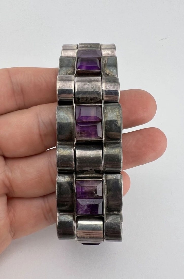 1940 HECTOR AGUILAR DESIGN MEXICO TAXCO 980 SILVER AMETHYST LINK BRACELET 110.5G (1 of 2)