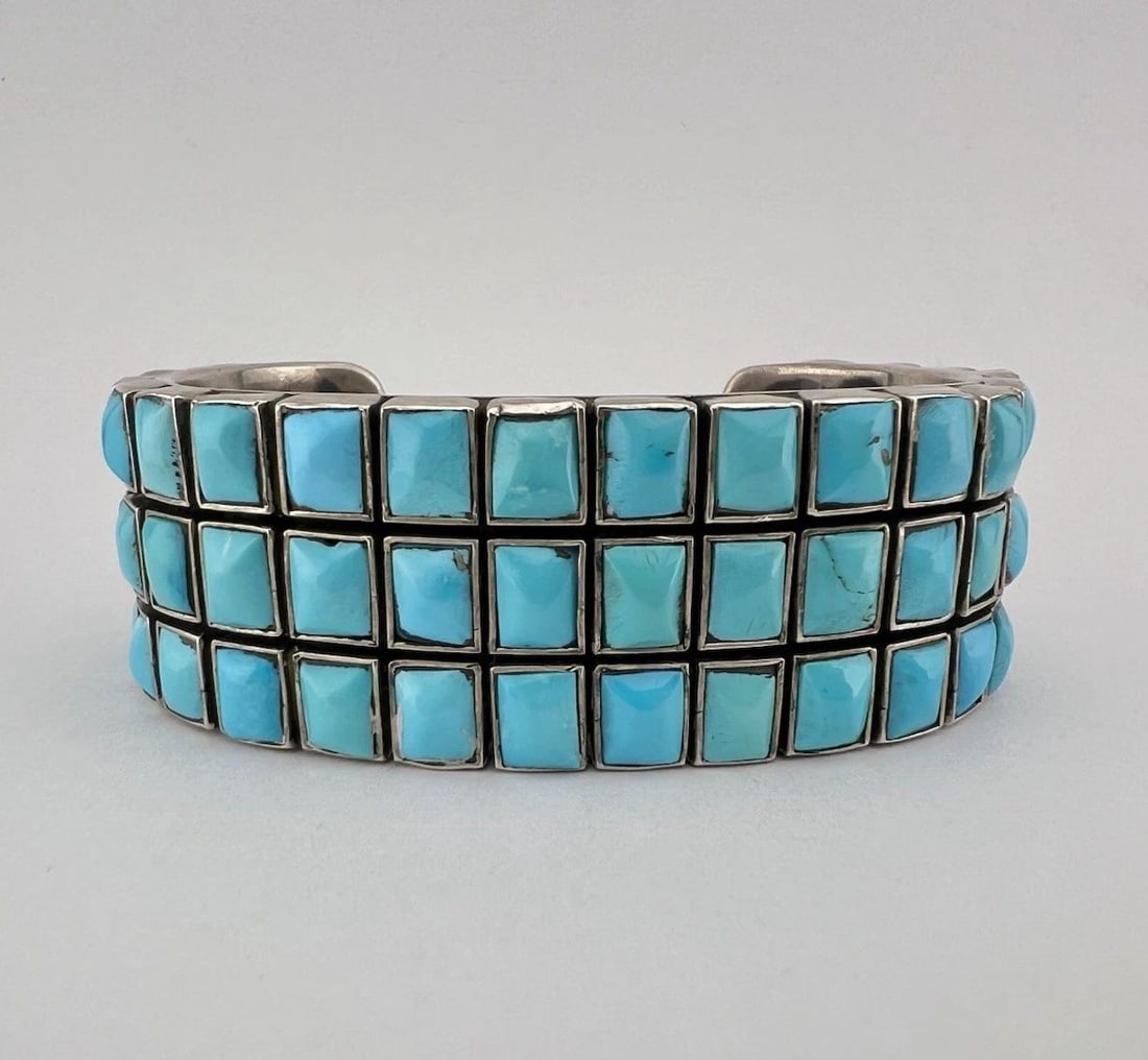 VTG FEDERICO JIMÉNEZ STERLING SILVER SQUARE TURQUOISE 3 ROW CUFF BRACELET 90.6G (1 of 2)