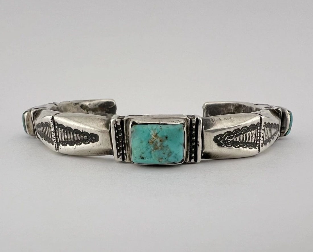 JOCK FAVOUR INGOT COIN SILVER NATURAL TURQUOISE HAND CHISELED CUFF BRACELET #5 (1 of 2)