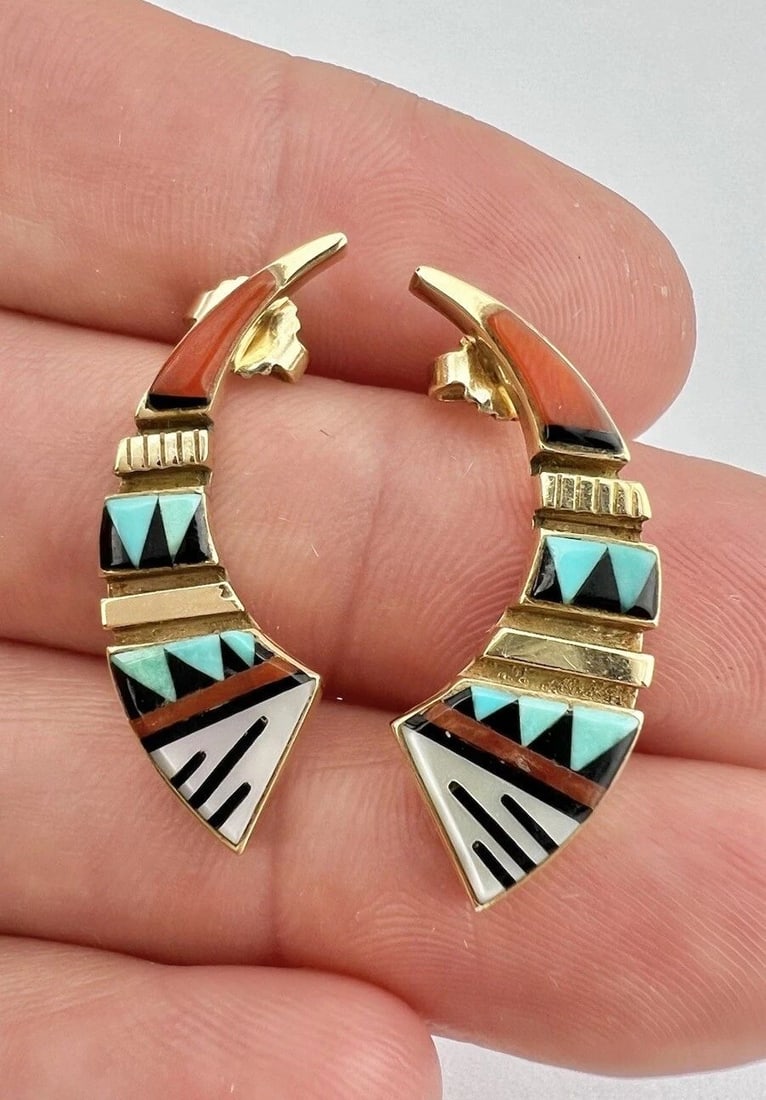 DANNY CLARK NAVAJO 14K YELLOW GOLD MULTI GEMSTONE FLUSH INLAY CLAW STUD EARRINGS (1 of 2)