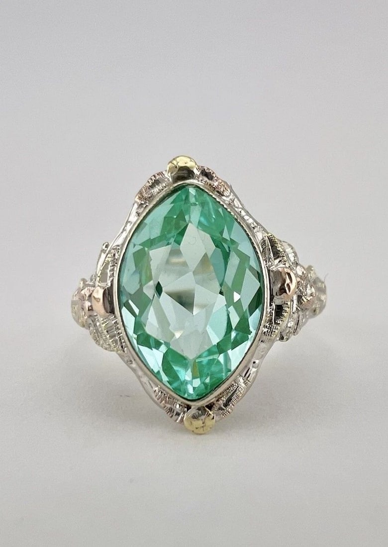 ART DECO 14K TRI COLOR GOLD SYNTHETIC URANIUM GREEN SPINEL FLORAL FILIGREE RING (1 of 2)