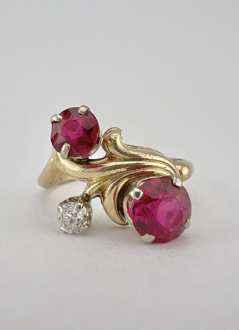 ANTIQUE ART NOUVEAU 14K YELLOW GOLD RED SYNTHETIC RUBY & DIAMOND FLORAL RING (1 of 2)