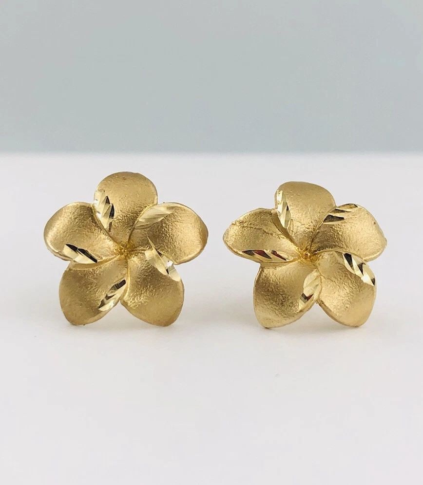 DESIGNER 18MM 14K YELLOW GOLD HAWAIIAN FANCY PLUMERIA FLOWER STUD POST EARRINGS: DESIGNER 18MM 14K YELLOW GOLD HAWAIIAN FANCY PLUMERIA FLOWER STUD POST EARRINGS Designer 18MM 14K Yellow Gold HAWAIIAN FANCY PLUMERIA FLOWER Stud Post EARRINGS Size: 18mm Wide Metal: 14k Yellow Gold W
