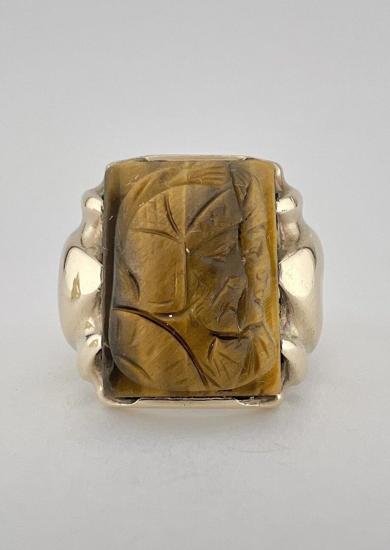 ANTIQUE VICTORIAN 10K YELLOW GOLD CARVED TIGERS EYE INTAGLIO MEN'S RING 7G (1 of 2)