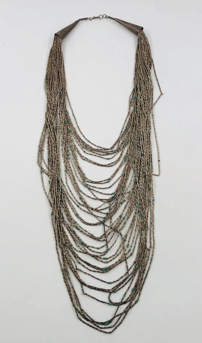 BIG VTG NAVAJO LIQUID STERLING SILVER & BLUE TURQUOISE 40 STRAND NECKLACE 267.2G: BIG VTG NAVAJO LIQUID STERLING SILVER & BLUE TURQUOISE 40 STRAND NECKLACE 267.2G BIG Vtg Navajo Liquid Sterling Silver & Blue Turquoise 40 Strand Necklace 267.2g Size: 25" Long Tip To Tip & Has A 21" 