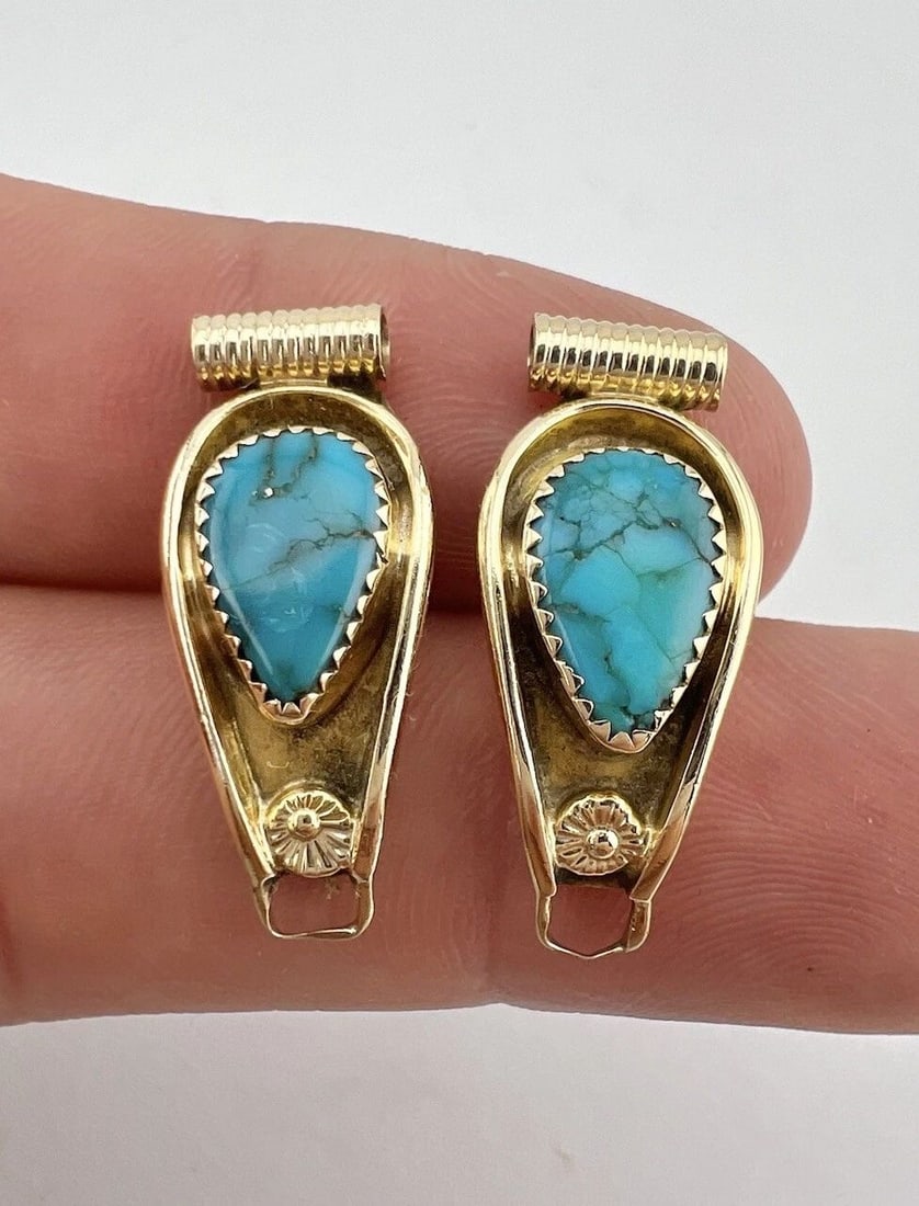 VTG KEVIN LEE BARNHI NAVAJO 14K YELLOW GOLD TURQUOISE WOMEN'S WATCH TIPS 5.7G: VTG KEVIN LEE BARNHI NAVAJO 14K YELLOW GOLD TURQUOISE WOMEN'S WATCH TIPS 5.7G Vtg Kevin Lee Barnhi Navajo 14k Yellow Gold Turquoise Women's Watch Tips 5.7g Size: Over 1" Tall by Just Under 1/2" Wide W