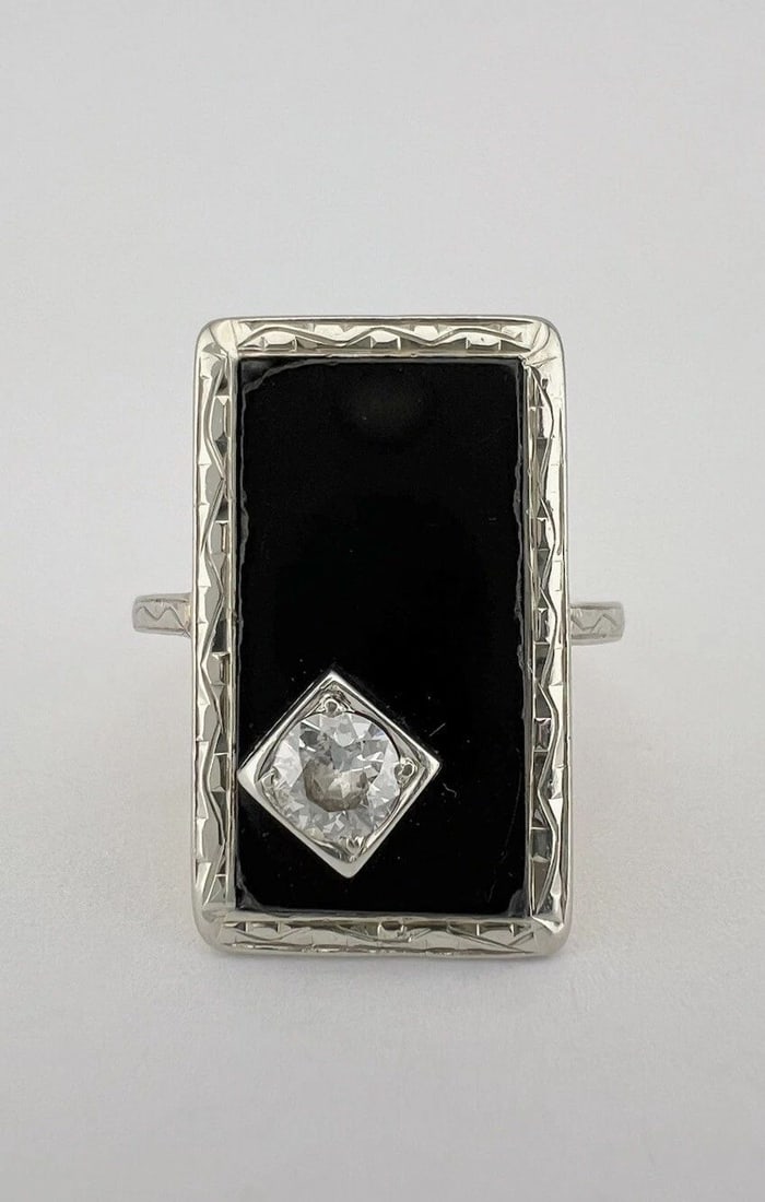 ART DECO 14K YELLOW GOLD PLATINUM TOP OLD CUT DIAMOND BLACK ONYX RECTANGLE RING (1 of 2)