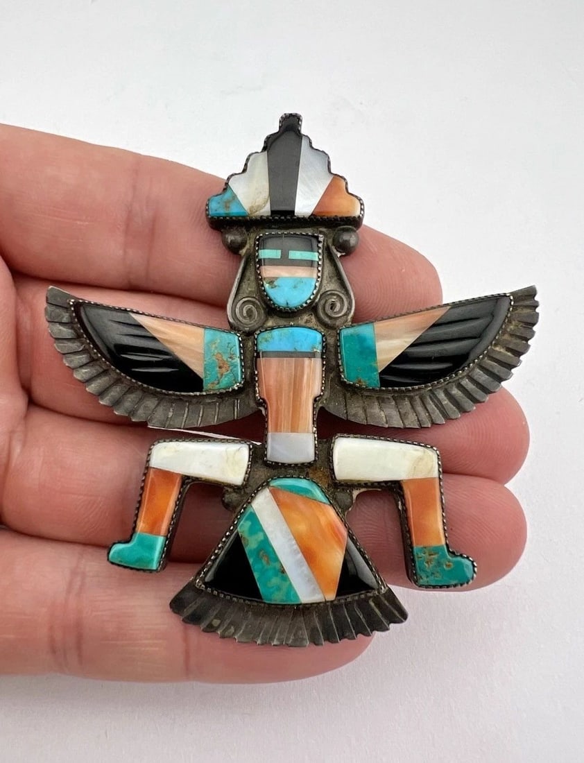 1940'S ZUNI COIN SILVER MULTI GEMSTONE FLUSH INLAY KNIFEWING PIN BROOCH 2 7/8" (1 of 2)