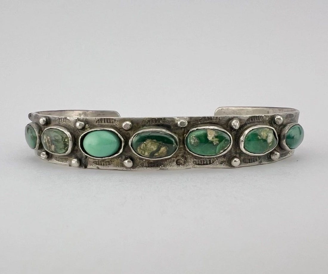ANTIQUE EARLY 1930S NAVAJO COIN SILVER CERRILLOS TURQUOISE STAMPED CUFF BRACELET: ANTIQUE EARLY 1930S NAVAJO COIN SILVER CERRILLOS TURQUOISE STAMPED CUFF BRACELET Antique Early 1930s Navajo Coin Silver Cerrillos Turquoise Stamped Cuff Bracelet Cuff is Slightly Over 5 1/2" tip to Ti