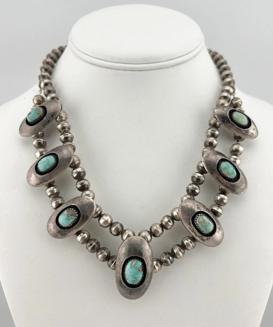 VINTAGE NAVAJO STERLING SILVER NATURAL TURQUOISE SHADOWBOX COLLAR NECKLACE 17.5" (1 of 2)