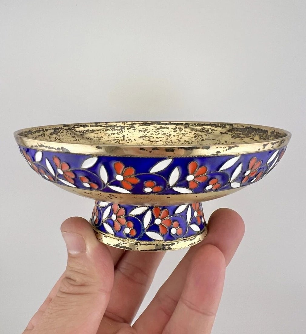 EARLY 19TH CENTURY SOVIET RUSSIAN GILT 916 SILVER ENAMEL BOWL W/ PEDESTAL 145.2G: EARLY 19TH CENTURY SOVIET RUSSIAN GILT 916 SILVER ENAMEL BOWL W/ PEDESTAL 145.2G Antique Early 19th century Soviet Russian Gilt 916 Silver Enamel Bowl with Pedestal 145.2g Metal: Gilt 916 Silver Total